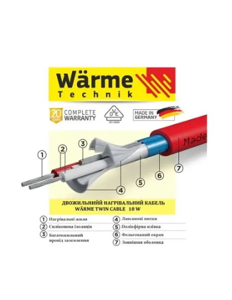 Двухжильный нагревательный кабель Wärme Twin flex cable 75 W в стяжку или плиточный клей, комплект